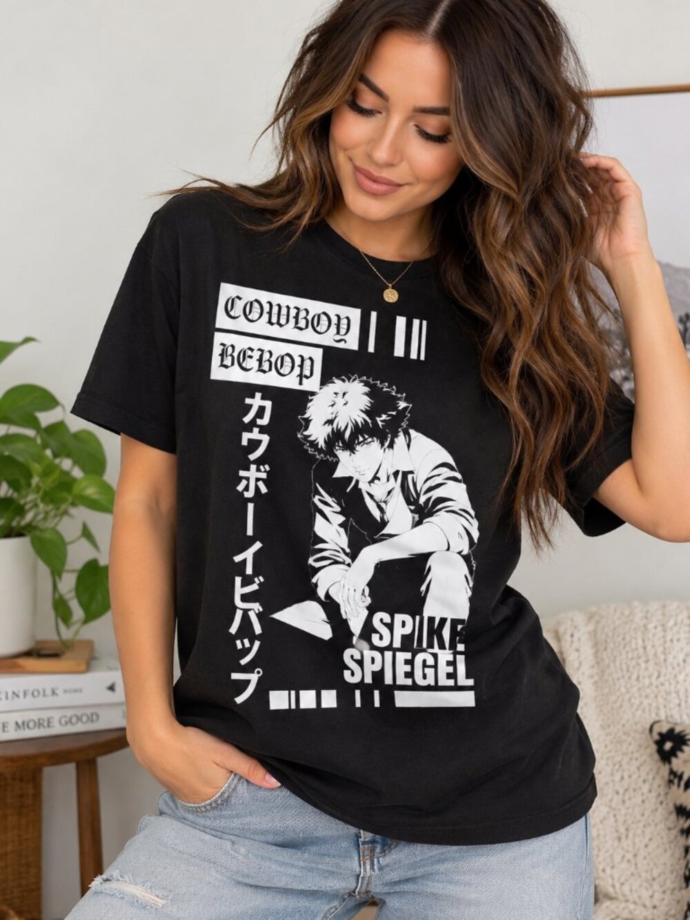 Cowboy Bebop Spike Spiegel Anime Graphic T-Shirt Black Size M (Unisex-style fit)